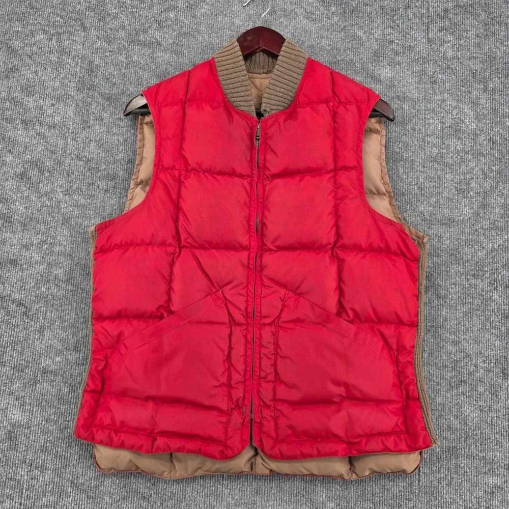 Vintage Comfy Reversible Goose Down Puffer Vest Tan Red Ribbed Knit Collar 1015
